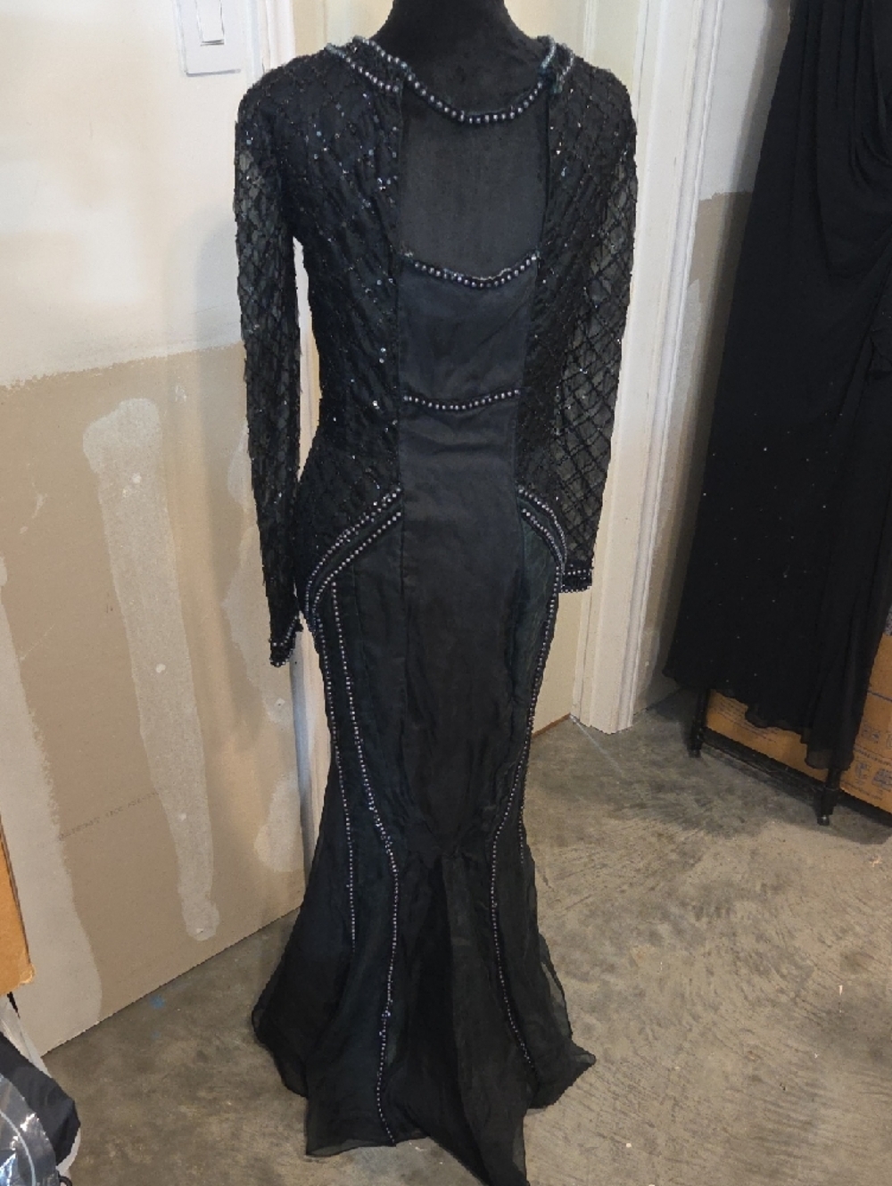 Boho Black Long Sleeve Beaded Evening Gown Festival Fairy Tulle Skirt Open Back - Picture 14 of 16